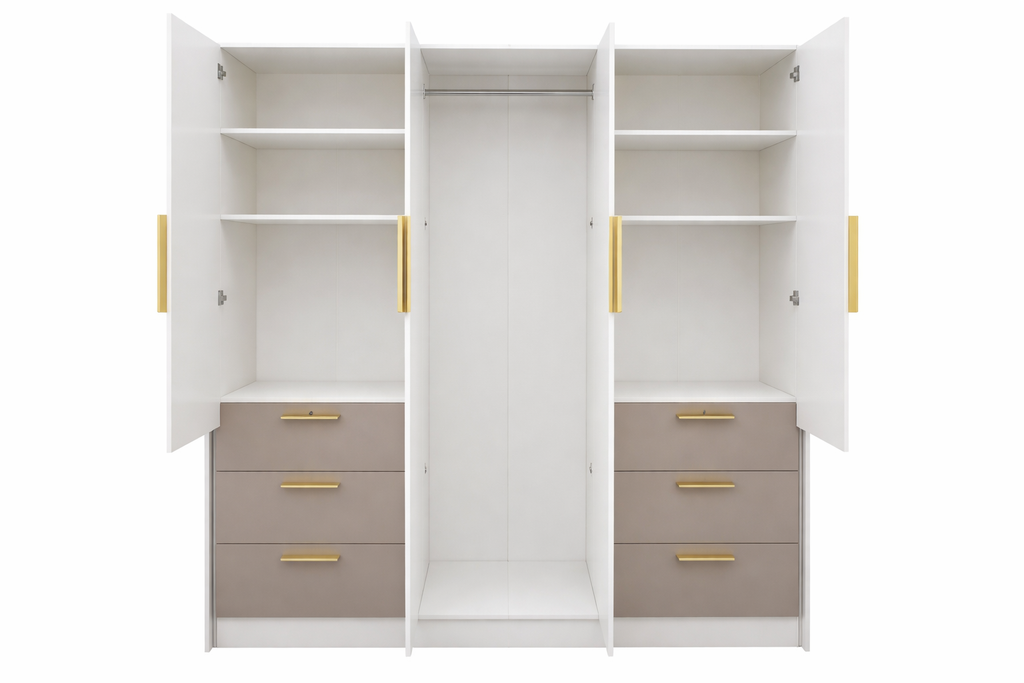 Modern Wardrobe with Drawers - White & Taupe