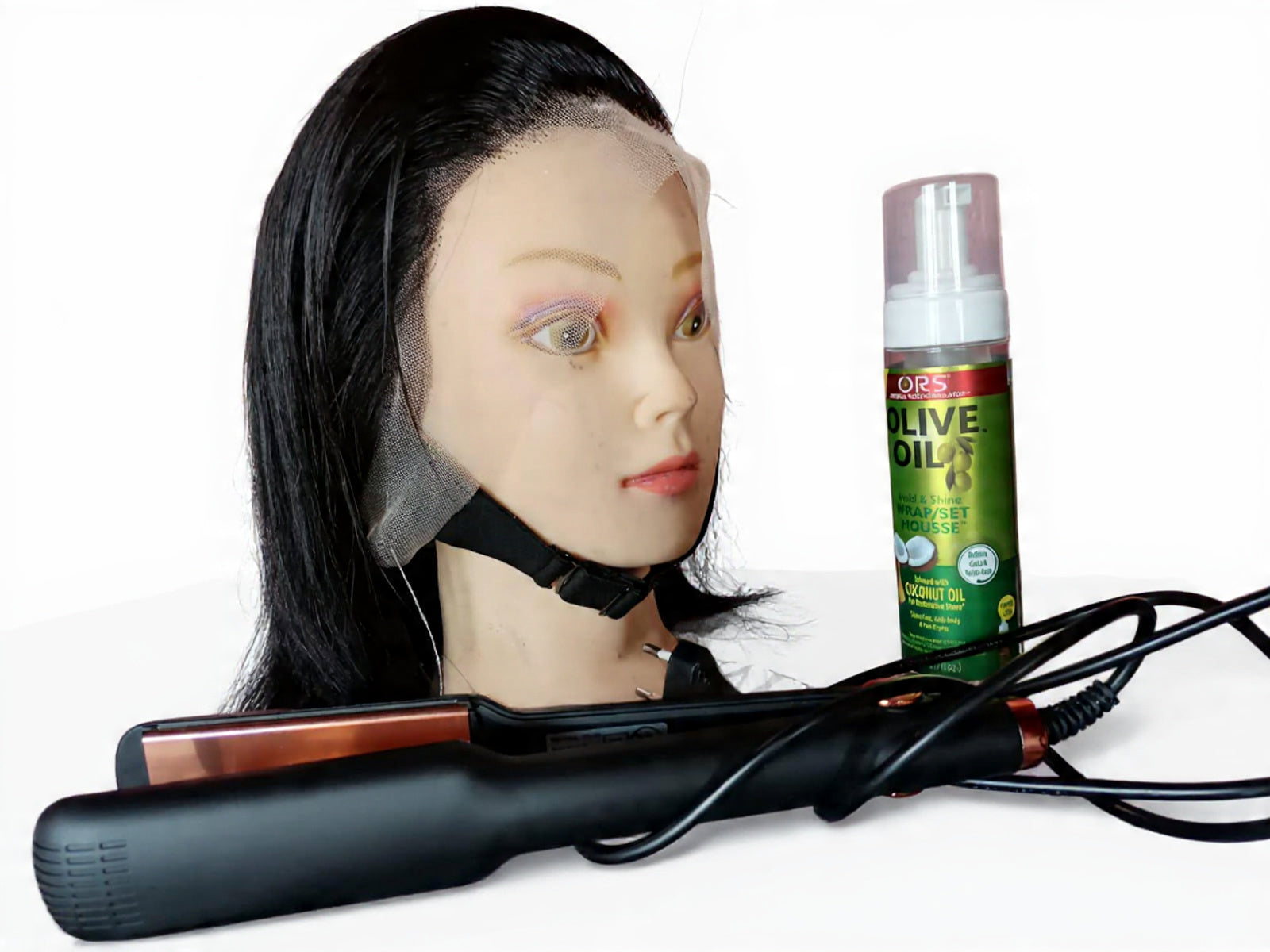 10 Inch Straight Lace Frontal Bundle with Flat Iron & ORS Olive Oil Mousse - Complete Hair Styling Kit