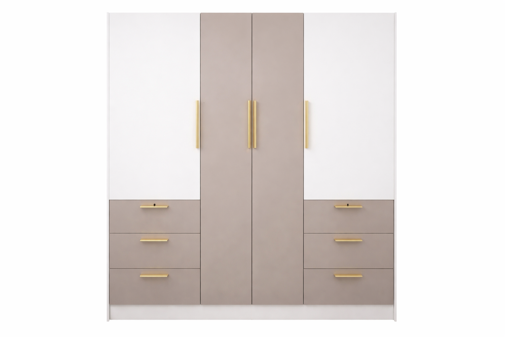 Modern Wardrobe with Drawers - White & Taupe